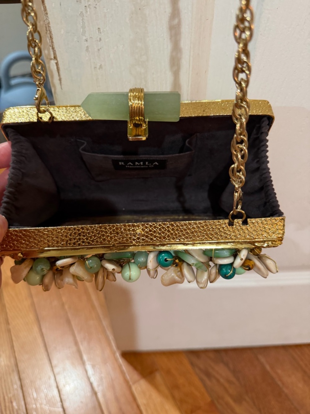 RAMLA(ZEINA)Gold Beaded Floral Accent Evening Bag - Green & Cream Embellishments - Picture 6 of 11